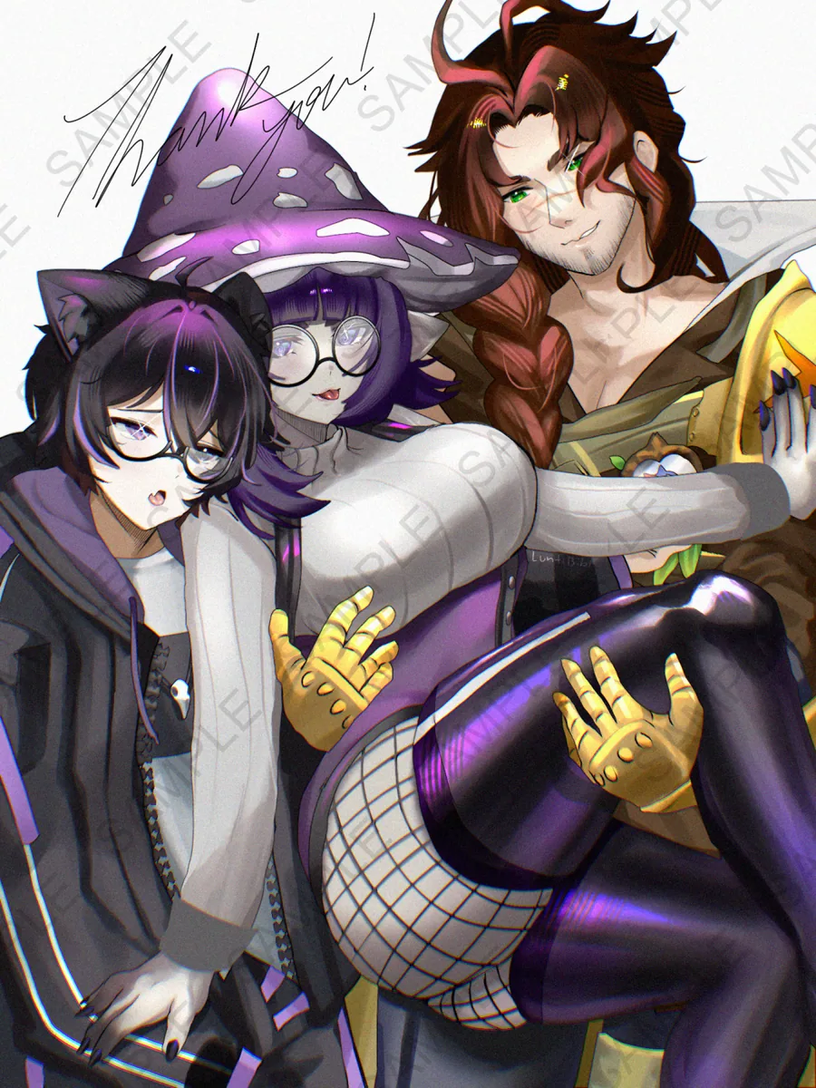 Three friends squished together: a catboy in glasses, a witch in a mushroom hat, and a grinning redhead in yellow gloves. Half body commission for Para.